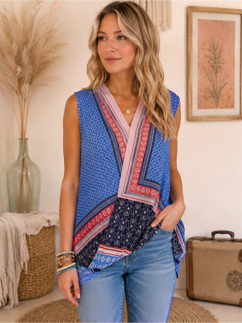 Liz Claiborne Boho Chic Blue Sleeveless V-Neck Patchwork Top